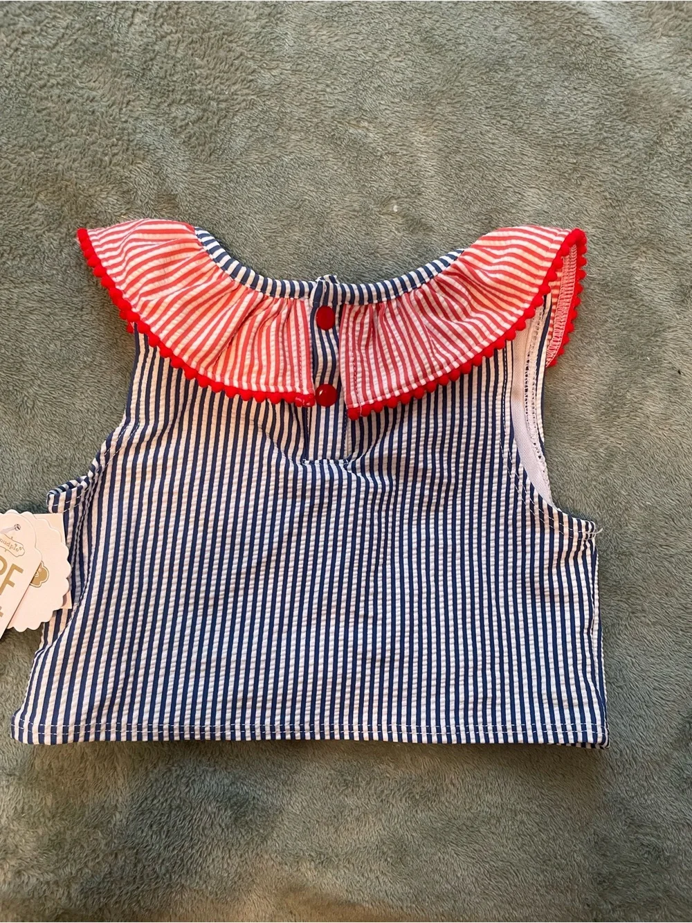 Mud Pie Navy & White Striped Swim topwith Red Crab and Coral Ruffle Collar